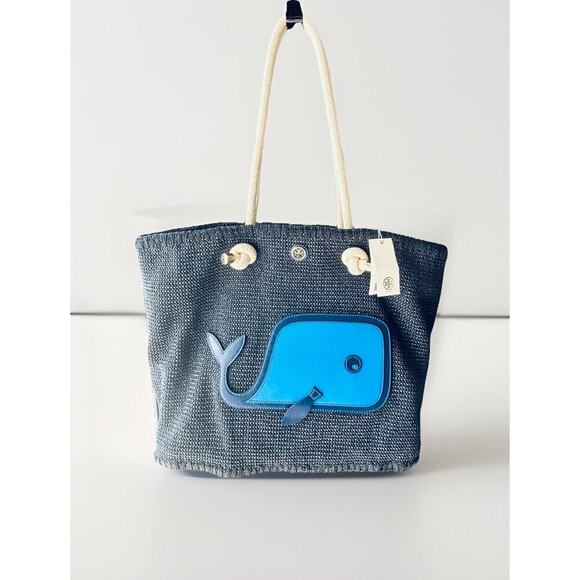 NWT Tory Burch Knotted Whale Tote Navy Blue Handbag Beach Pool Vacation Bag Rare - Picture 1 of 16